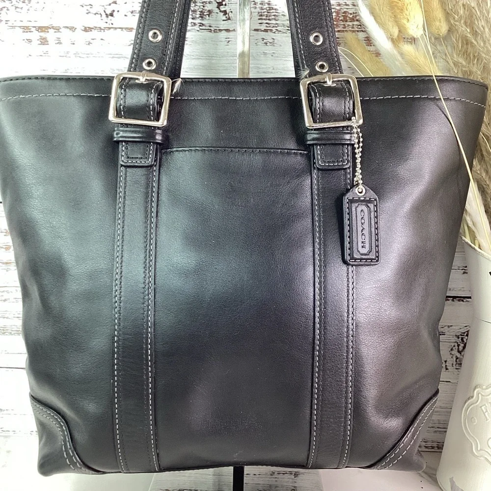 COACH VINTAGE HAMPTON BLACK SHOULDER BAG TOTE SMOOTH‎ LEATHER PURSE WORK